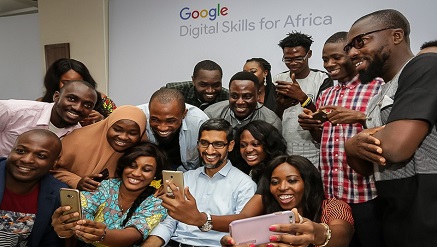 *Sundar Pichai, chief executive officer of Google in photo session with startups at Google For Nigeria event in Lagos on Thursday.